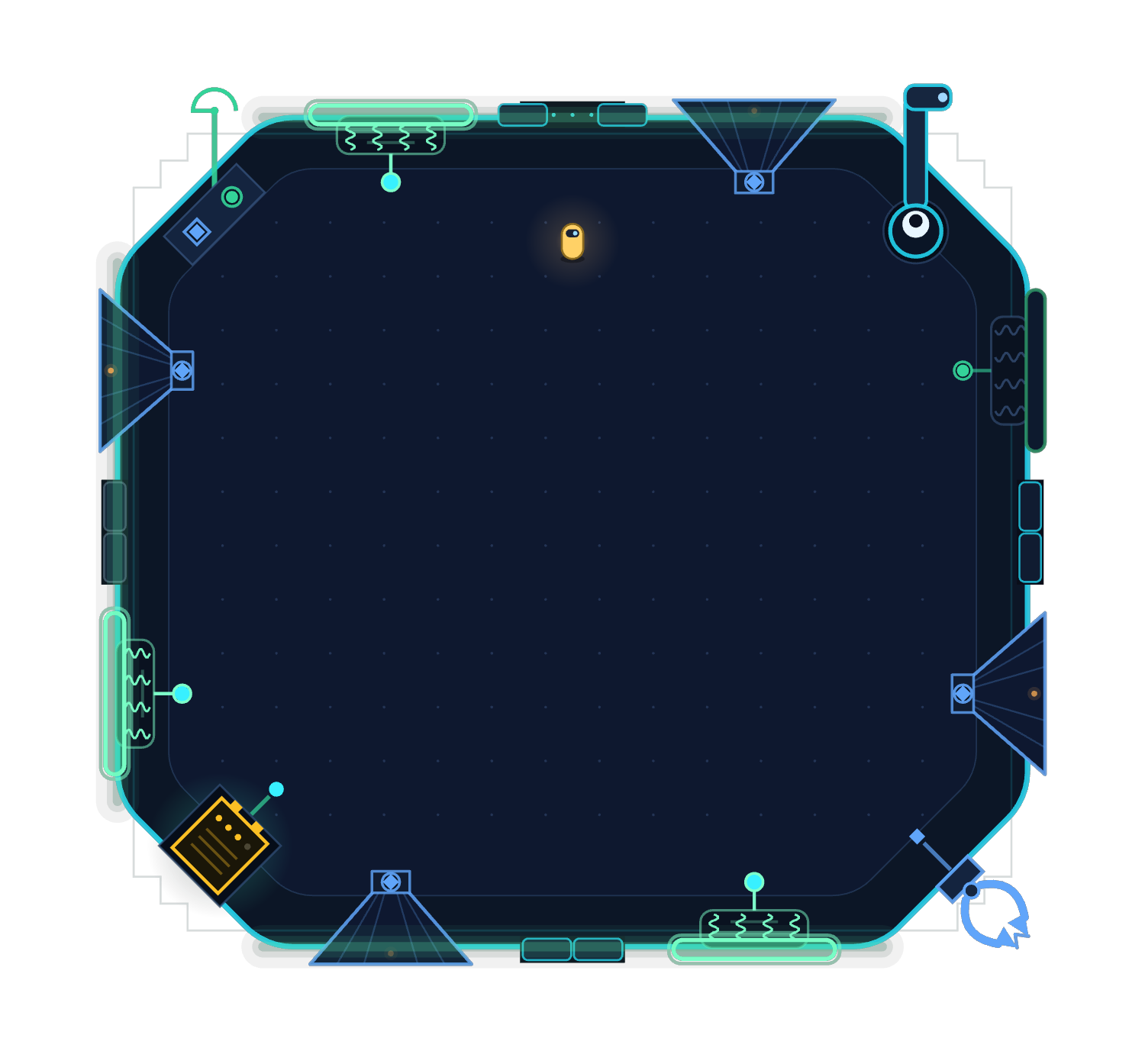 Inside a robot: an octagonal circuit board hull with pressure-pad sensors flooding green, fan-cone thrusters, a battery, an eye and a grabber claw — and the tiny pilot standing in the middle
